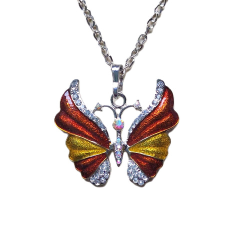 Kaunis emaloitu kimalteleva ruskeakeltainen perhonen kaulakoru