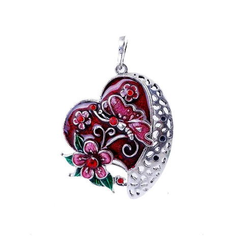 Kaunis antiikkihopeinen punainen emaloitu sydän kaulakoru