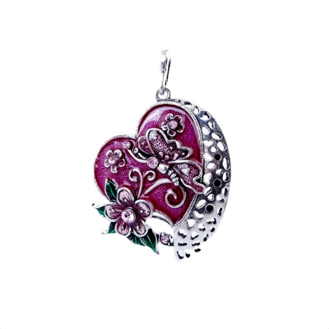 Kaunis antiikkihopeinen viininpunainen/pinkki emaloitu sydän kaulakoru