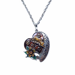 Kaunis antiikkihopeinen ruskea / keltainen emaloitu sydän kaulakoru