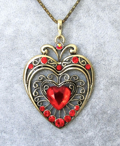 Koristeellinen antiikkipronssi sydänkaulakoru punaisilla korukivillä