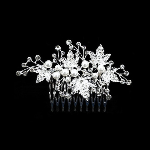 Hopeanvärinen helmikristalli hiuskampa Metallilehdet Isompi