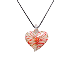 Vaaleapohjainen puna-/kultaraitainen lasisydänkaulakoru ja korvakorut