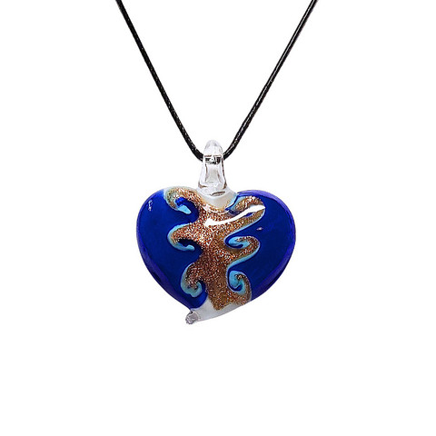 Sininen kultakoristeinen lasisydän kaulakoru mustalla nauhalla