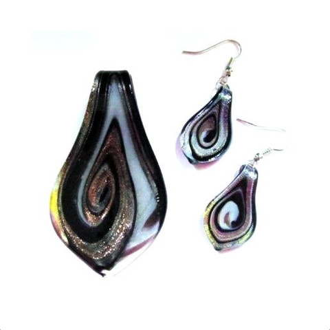 Tummapohjainen kultakoristeinen pisara lasikaulakoru ja korvakorut