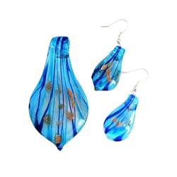 Sininen hopeanhohtoinen pisara lasikaulakoru ja korvakorut