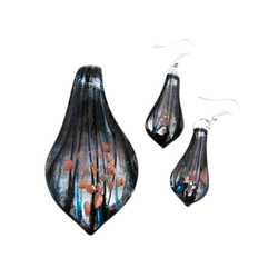 Musta hopeanhohtoinen pisara lasikaulakoru ja lasikorvakorut