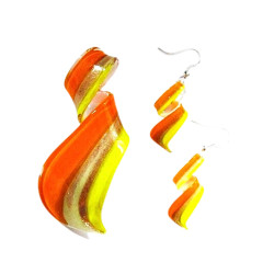 Oranssi - keltainen kultakoristeinen lasikaulakoru ja korvakorut