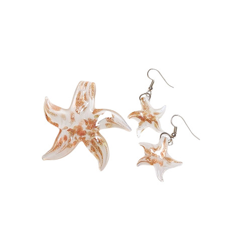 Valkoinen kultakoristeinen lasimeritähti kaulakoru ja korvakorut