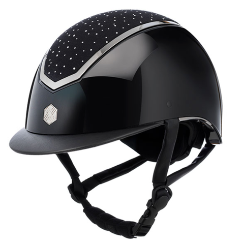 Charles Owen Kylo Gloss MIPS-ratsastuskypärä aurinkolipalla, musta/chrome crystal, koot S ja M