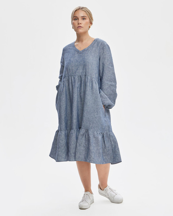 Piironki Pellavamekko Maria  pitkähihainen denim blue