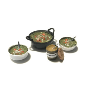 Nukkekodin Hernekeittopata & kulhot (2 kpl) + sinappipurkki