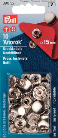 Prym Painonappi Anorak 15 mm hopea Täyttöpakkaus