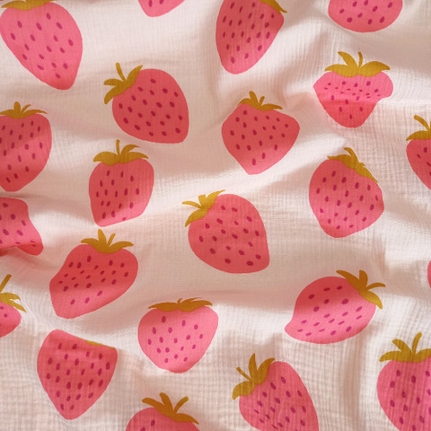 Tuplaharsokangas Mansikka hennolla vaaleanpunaisella pohjalla