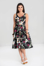 14677 HELL BUNNY TAHITI, 50-luvun tyylinen hibiscus-mekko, musta pohja