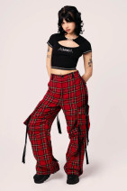 50411 HELL BUNNY NIHILIST wide-leg trousers, red/ black tartan pattern