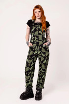 50436 HELL BUNNY GAIA DUNGAREES – green leaf pattern, stretchy
