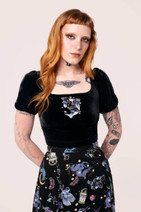 60370 HELL BUNNY MOONLIT –Black velvet top, moon and forest embroidery