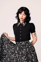 60374 HELL BUNNY MISCHIEF – black viscose blouse with witch pattern