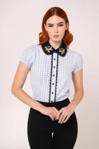 60394 HELL BUNNY BEATRIX BLOUSE – blue check & embroidered collar