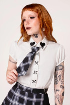 60396 HELL BUNNY CORNELL BLOUSE –heart embroidered collar & tartan tie