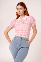 60399 HELL BUNNY CINDY chiffon blouse – pink check and curved collar