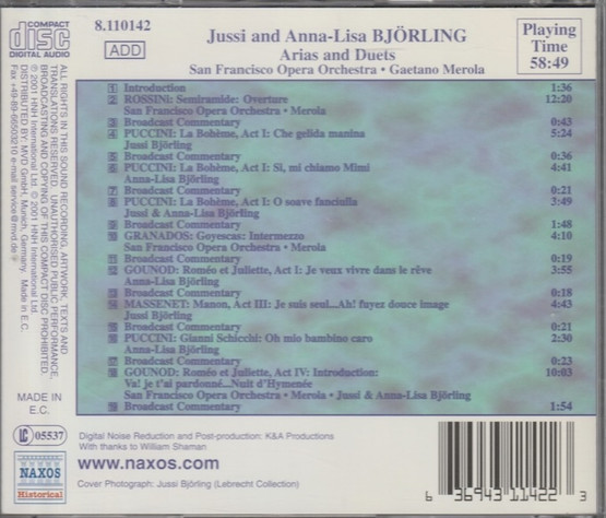 Jussi Björling and Anna-Lisa Björling: Arias and Duets CD (Käyt)