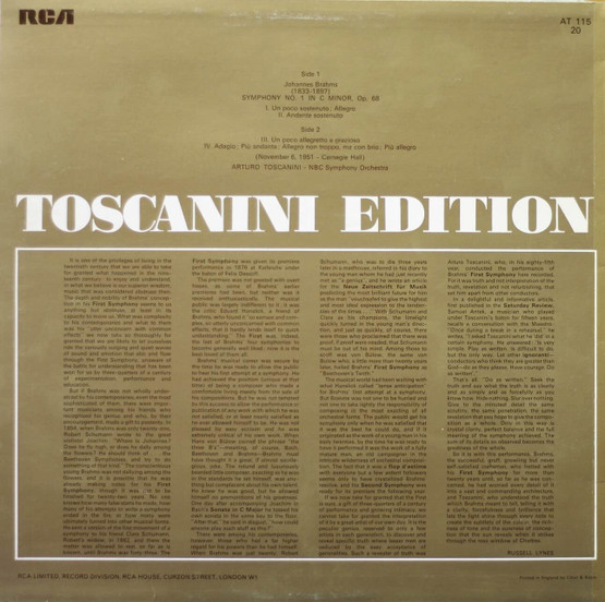 Brahms / Arturo Toscanini: Symphony No. 1 In C Minor, Op. 68 LP (Käyt)