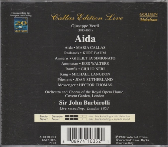 Verdi / Callas / Baum / Simionato /Walters / Barbirolli: Aida 2CD Käyt