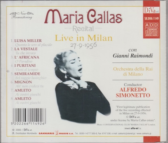 Maria Callas / Simonetto: Recital - Live in Milan 27.9.1956 CD (Käyt)