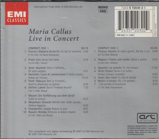 Maria Callas: Live In Concert 2CD (Käyt)