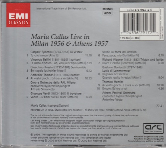 Maria Callas: Live In Milan 1956 & Athens 1957 CD (Käyt)