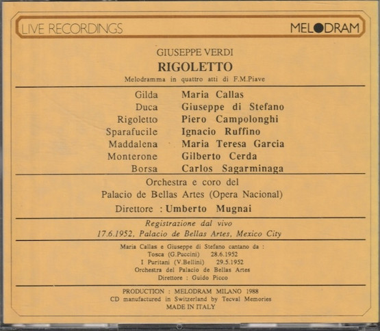 Verdi / Callas / di Stefano / Campolonghi / Mugnai: Rigoletto 2CD Käyt