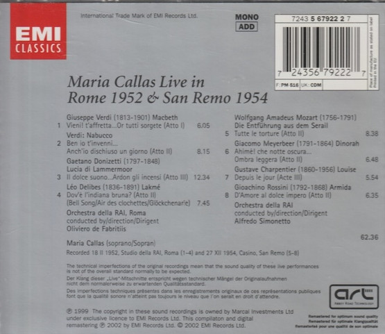 Maria Callas: Live In Rome 1952 & San Remo 1954 CD (Käyt)