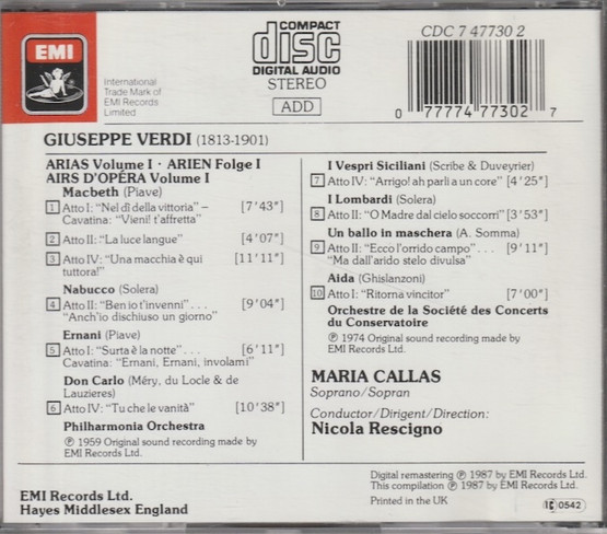 Verdi / Callas / Rescigno: Arias Vol. 1. CD (Käyt)