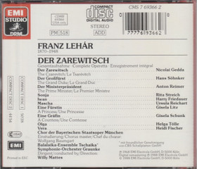 Lehar / Gedda / Streich /Friedauer / Mattes: Der Zarewitsch 2CD (Käyt)