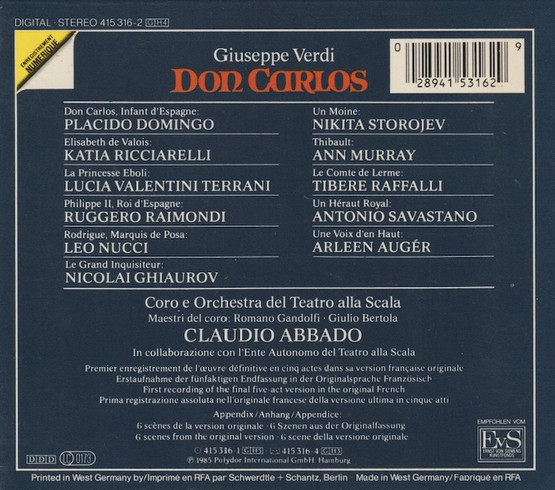 Verdi / Domingo / Ricciarelli / Abbado: Don Carlos 4CD Box (Käyt)