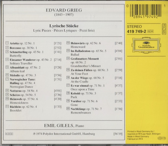 Edvard Grieg, Emil Gilels: Lyrische Stücke CD (Käyt)