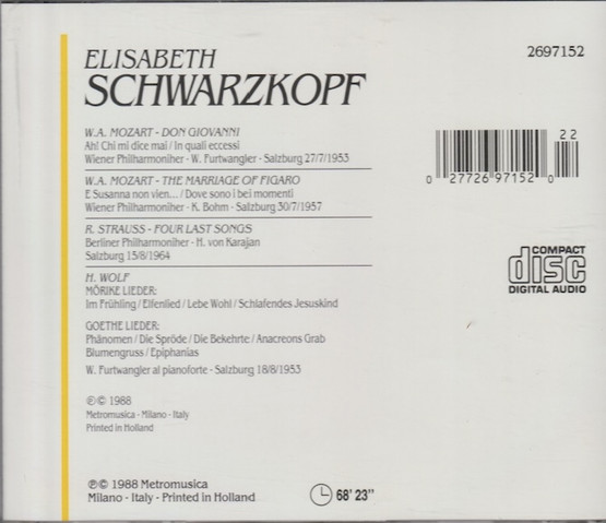 Elisabeth Schwarzkopf: Sings Mozart / Strauss / Wolf CD (Käyt)
