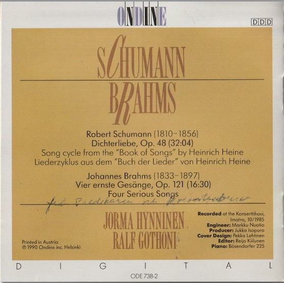 Schumann / Brahms / Hynninen / Gothóni: Dichterliebe CD (Käyt)