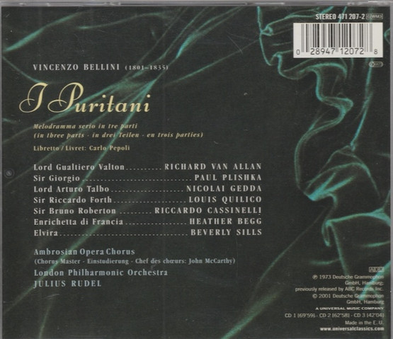 Bellini / Sills / Begg /Gedda / Plishka / Rudel: I Puritani 3CD (Käyt)