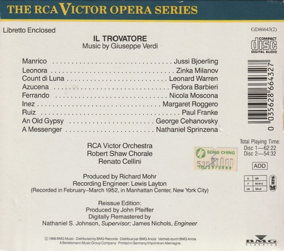Verdi / Björling / Milanov / Barbieri / Cellini: Il Trovatore 2CD Käyt
