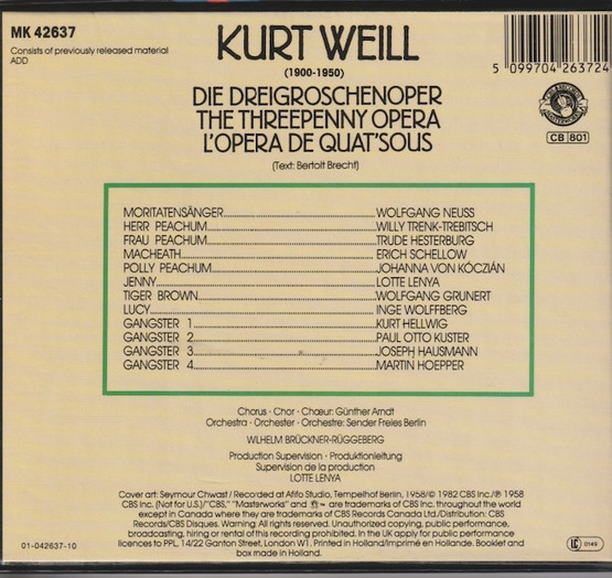 Kurt Weill: Die Dreigroschenoper / The Threepenny Opera CD (Käyt)