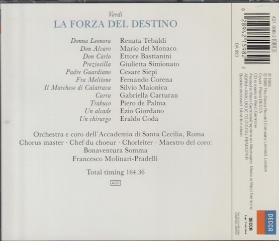 Verdi / Tebaldi / Molinari-Pradelli: La Forza Del Destino 3CD (Käyt)