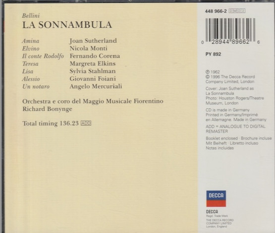 Bellini / Sutherland / Monti / Bonynge: La Sonnambula 2CD (Käyt)