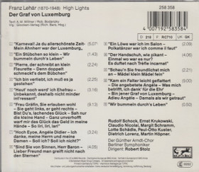 Franz Lehár: Der Graf Von Luxemburg (High Lights) CD (Käyt)