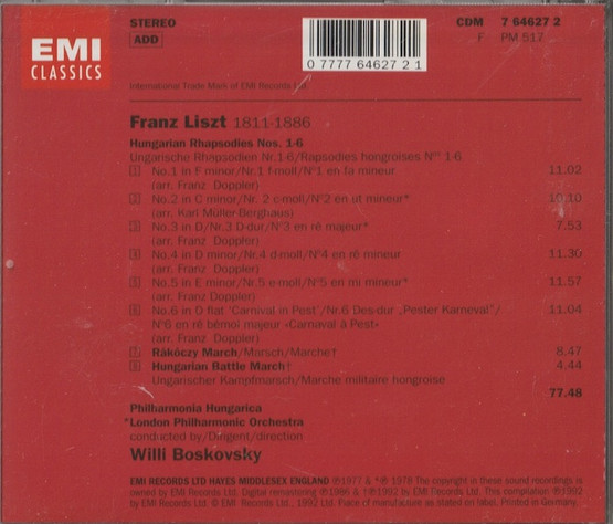 Liszt: Hungarian Rhapsodies Nos.1-6 / Rákóczy March CD (Käyt)