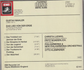 Mahler / Ludwig /Wunderlich / Klemperer: Das Lied Von Der Erde CD Käyt