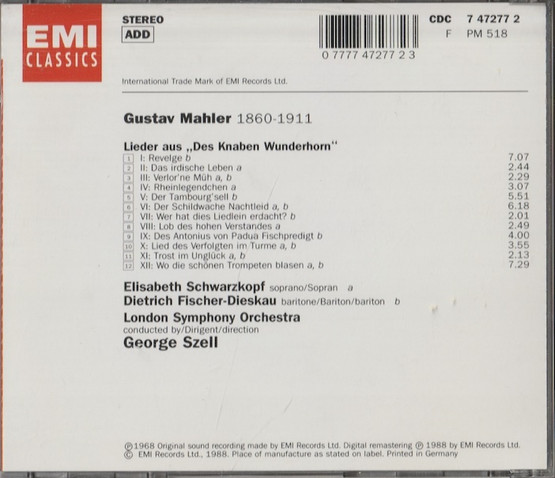 Mahler / Szell: Des Knaben Wunderhorn CD (Käyt)