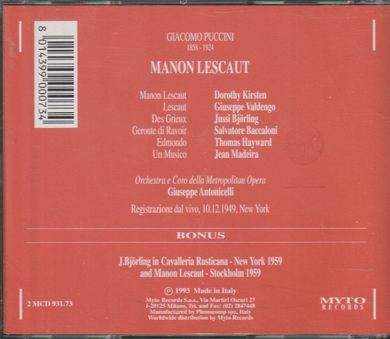 Puccini / Kirsten /Valdengo / Björling /Antonicelli: Manon Lescaut 2CD